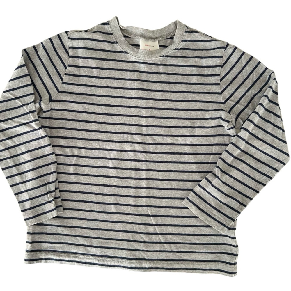 Hanna Andersson Long Sleeve Gray Navy Striped Tee Crew Neck 100% Cotton Sz 130/8